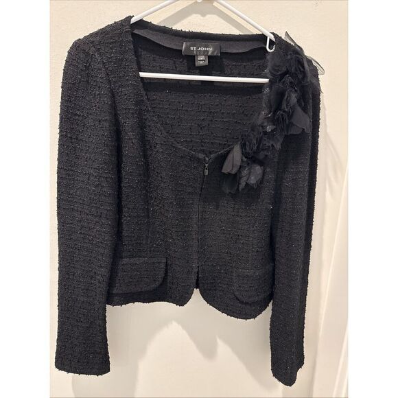 St. John Jackets & Blazers - St.John Textured Black Tweed Blazer With Ruffled Floral Size 6